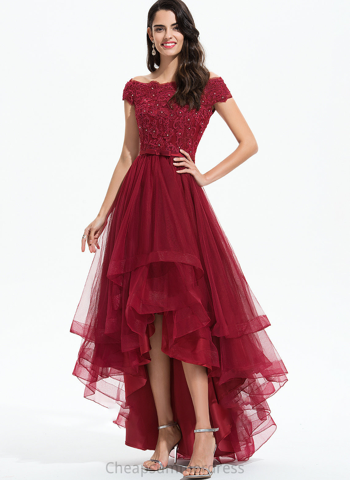 Prom Dresses Beading Brylee Bow(s) Asymmetrical Tulle Sequins With Ball-Gown/Princess Off-the-Shoulder