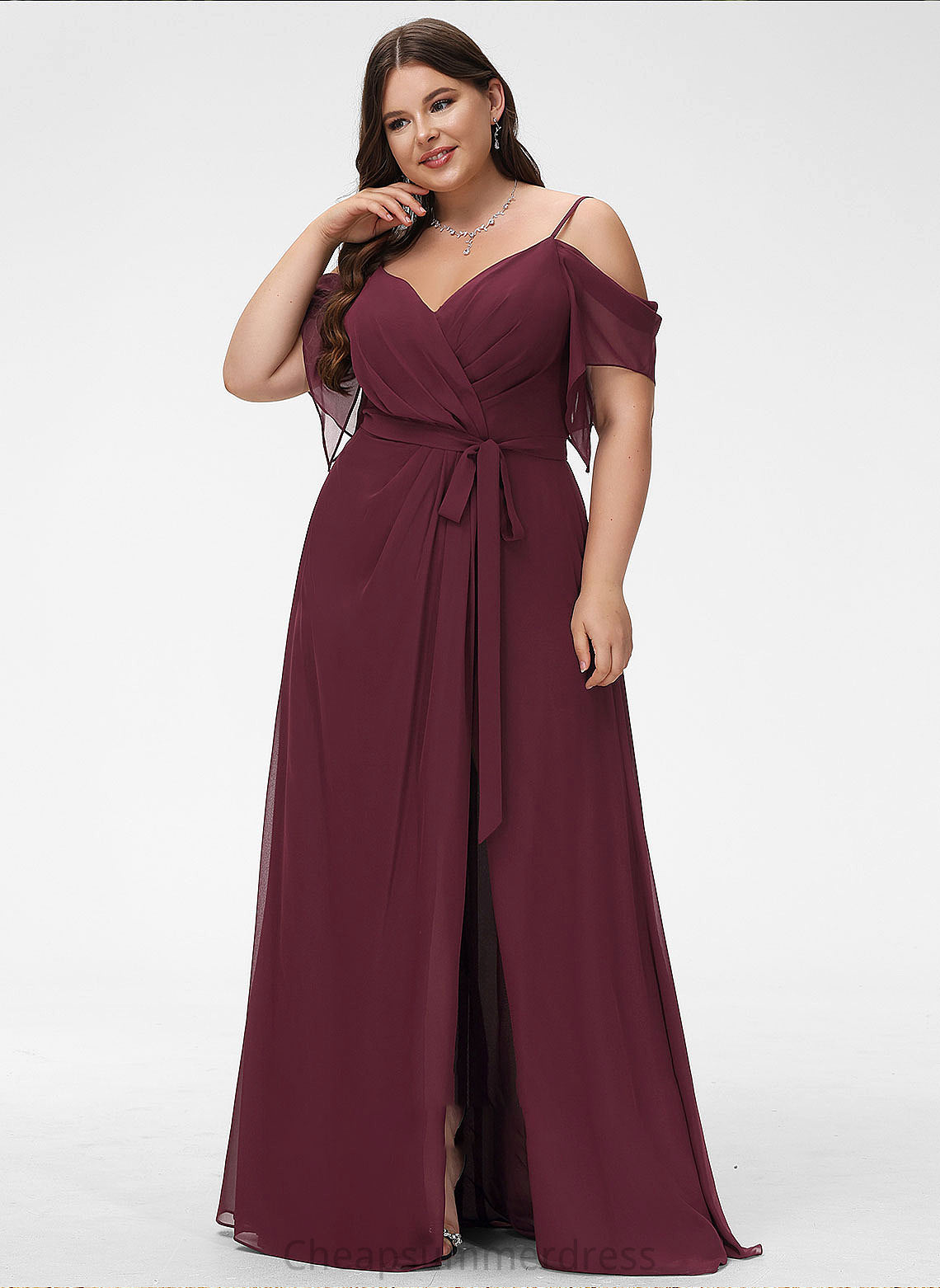 Length Floor-Length Fabric Silhouette V-neck Neckline A-Line Embellishment SplitFront Ruffle Kassandra Floor Length