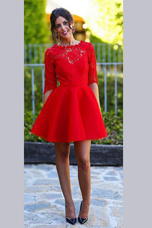 Elegant Red Half Sleeve Appliques Short Homecoming Dresses