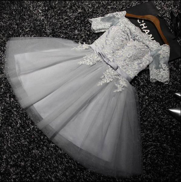 Light Gray Off Shoulder Appliques Lace Short Homecoming Dresses