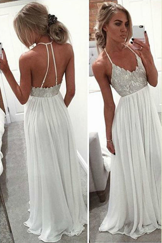 Spaghetti Straps Floor Length Low Back Beading Beach Wedding Dresses