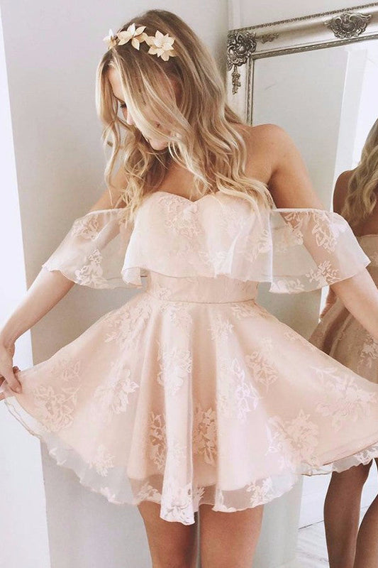 A-Line Off Shoulder Mid Back Lace Homecoming Dresses