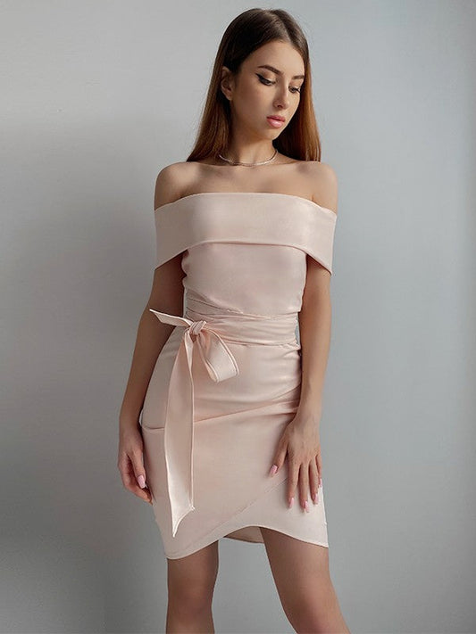 Sheath/Column Stretch Crepe Sash/Ribbon/Belt Imani Homecoming Dresses Off-The-Shoulder Sleeveless Short/Mini Dresses