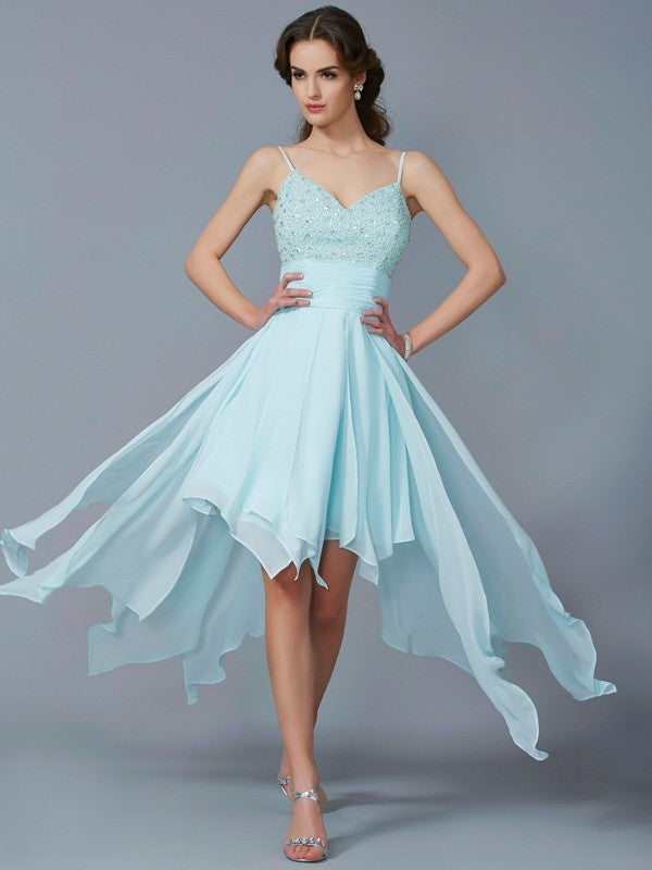 A-Line/Princess Spaghetti Straps Sleeveless Beading Pauline Homecoming Dresses Chiffon High Low