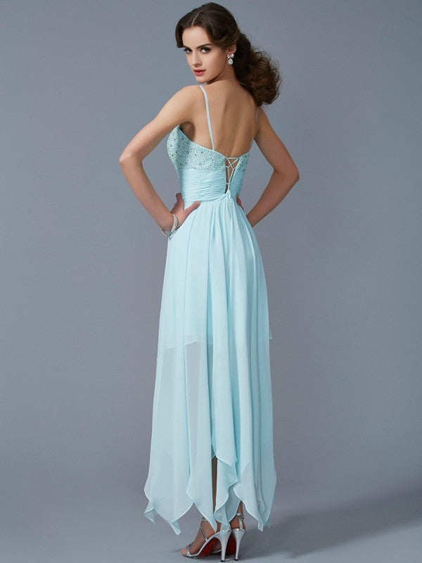 A-Line/Princess Spaghetti Straps Sleeveless Beading Pauline Homecoming Dresses Chiffon High Low