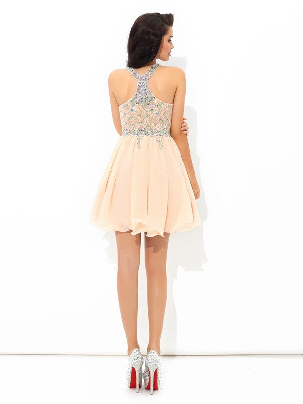 A-Line/Princess Cocktail Chiffon Alyssa Homecoming Dresses Straps Rhinestone Sleeveless Short Dresses